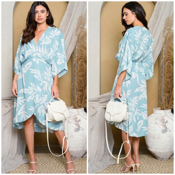 LAST 1❗️Light Blue Tropical Print Kimono Midi Dress - Picture 1 of 4